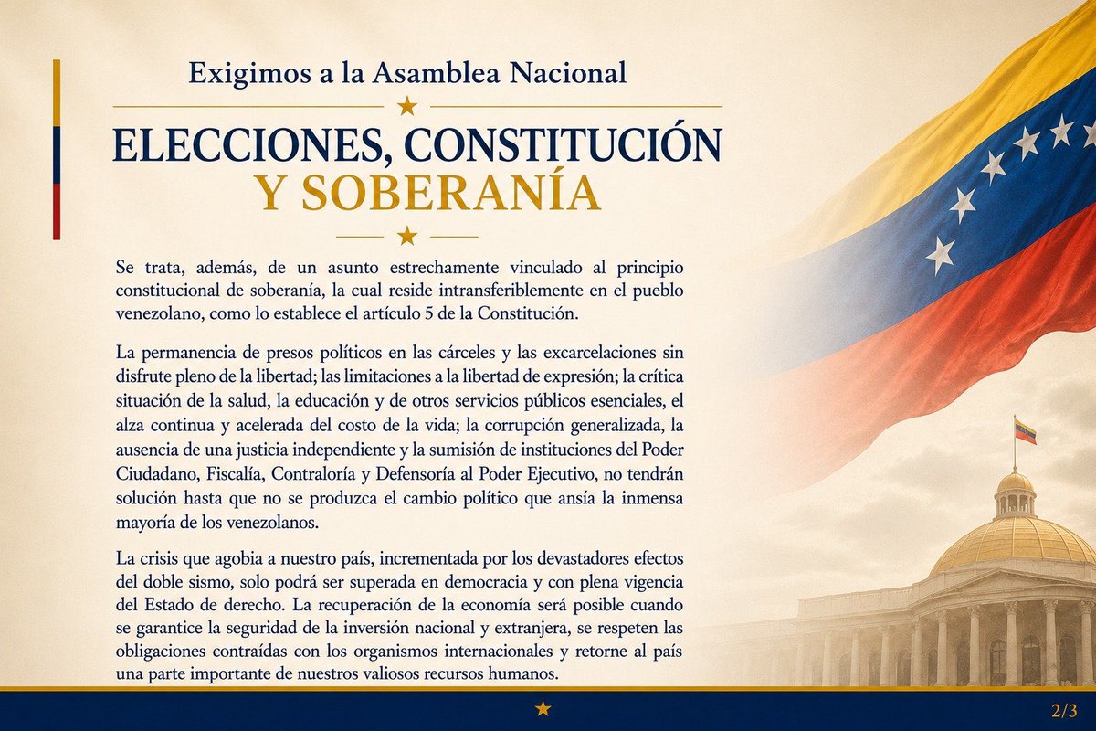 MiguelFontan's tweet photo. Por cosas como estas es que el mundo no toma en serio a quienes se meten a la política siendo politiqueros y demagogos.

Este comunicado tiene, al menos, tres aspectos estructurales que para mí son difíciles de digerir.

El primero es la declaratoria de la falta absoluta del presidente pues, como muchos ya hemos señalado antes, implica el reconocimiento implícito de Maduro como presidente electo.

Basta hacerse la pregunta ¿Falta absoluta de quién? para percatarse del descalabro intelectual que tiene este enjambre. Si mi memoria no me falla, el artículo 233 de la Constitución presupone la existencia de un Presidente constitucionalmente investido que interrumpe su mandato por motivos de fuerza mayor (muerte, renuncia, destitución, incapacidad, abandono del cargo o revocatoria).

Si durante años se sostuvo que Maduro no era un presidente legítimamente electo —como sostuvieron numerosos gobiernos, entre ellos Estados Unidos y sin mencionar que la Asamblea Nacional de 2015-2020 juramentó un gobierno interino— entonces la categoría jurídica de “falta absoluta del Presidente” produce —por usar un eufemismo— una tensión importante.

Es decir, si antes el argumento era Maduro no es presidente legítimo, ahora estos pimpollos insinúan que Maduro es presidente y por eso debe establecerse la falta absoluta.

Yo me imagino a la defensa de Maduro en EE.UU. aplaudiendo este desplazamiento vertiginoso del argumento, que carece de coherencia en un país extranjero que celebra un juicio contra Maduro tratándolo como un particular sin inmunidad presidencial.

El segundo aspecto, es la fuerza con que la ocurrencia del doble terremoto fundamenta la evidencia del deterioro institucional. La madre que los parió.

Me explico: no estoy quitándole impacto al terremoto, lo que me resulta absurdo es que el comunicado sugiera que ese desastre natural reveló el deterioro institucional.

¿Dónde vivían estos pimpollos hace una década cuando la sociedad era la protagonista de abundantes informes nacionales e internacionales que documentan violaciones sistemáticas de derechos humanos; persecución política; cooptación institucional por parte del poder; destrucción de la independencia judicial; corrupción; colapso de servicios públicos; migración masiva, etc., etc., etc.

¿Ahora con el terremoto es que se dieron cuenta del colapso institucional? En todo caso el terremoto es un ejemplo adicional, no el eje argumental.

El tercer aspecto, es que este enjambre de erudición sigue colocando la democracia antes que las condiciones institucionales.

Demandar eso en un país tan deteriorado en todos los aspectos como Venezuela, es minimizar el hecho de que una elección, por sí sola, no produce un Estado democrático. Al contrario, lo más seguro que produzca es un nuevo gobierno incapaz de gobernar.

En otras palabras, las elecciones que este club de Toby demanda lo máximo que podría otorgar —a mí modo de ver— es legitimidad democrática sin capacidad efectiva de gobierno mientras las instituciones no sean depuradas ANTES.

He de terminar diciendo que no veo a EE.UU. pretendiendo que la AN2015 tenga funciones institucionales, pues su período ya culminó y los acuerdos firmados con la encargada están refrendados por la actual AN.

Entonces, el papel de la AN2015 debe entenderse como un recurso político para buscar despolarizar el país y dar la impresión de una reconciliación política.

 Lo anterior, lamentablemente, no significa que tengamos esperanza de una depuración institucional con personas probas, pues las organizaciones políticas actuales son un hervidero de corruptos y oportunistas.