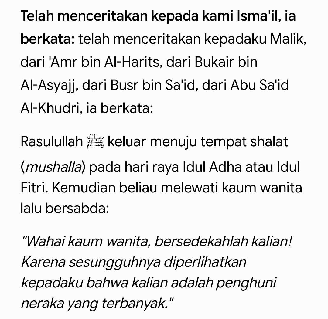 s4l4fkhil4f's tweet photo. HR Bukhari no 26
Banyak sekali faedah yg bisa diambil dari hadits ini yg diantaranya:
1. Peringatan kepada kaum wanita agar tidak melaknat dan kufur terhadap kebaikan suami.
2. Fitnah wanita yang bisa menghilangkan akal laki² yang cerdas sekalipun.
3. Kekurangan akal dan agama wanita yg dimaksud adalah dari persaksian dan haid mereka (lihat hadits utk lebih jelas), dan kekurangan ini bukan dosa melainkan keringanan dari Allah.
4. Sedekah dapat menghapus dosa.
5. Keteladanan para shahabiyyat dengam bertanya secara santun untuk menuntut ilmu.