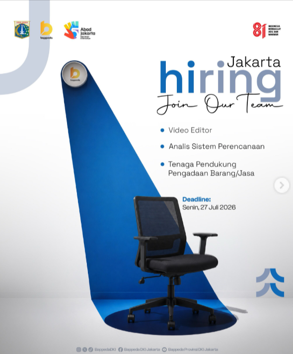 temankerjaaa's tweet photo. Bappeda Provinsi DKI Jakarta is Hiring!

Kami membuka kesempatan bagi kamu yang ingin bergabung dan berkontribusi bersama Bappeda Provinsi DKI Jakarta!

Posisi yang tersedia:
🎬 Video Editor
📊 Analis Sistem Perencanaan
📑 Tenaga Pendukung Pengadaan Barang/Jasa

Tertarik jadi bagian dari tim kami? Segera daftarkan dirimu melalui tautan yang tertera pada poster selambat-lambatnya pada Senin, 27 Juli 2026.

Kami tunggu kamu untuk jadi bagian dari tim kami, ya!

Link di tweet bawah yaaa 👇👇👇