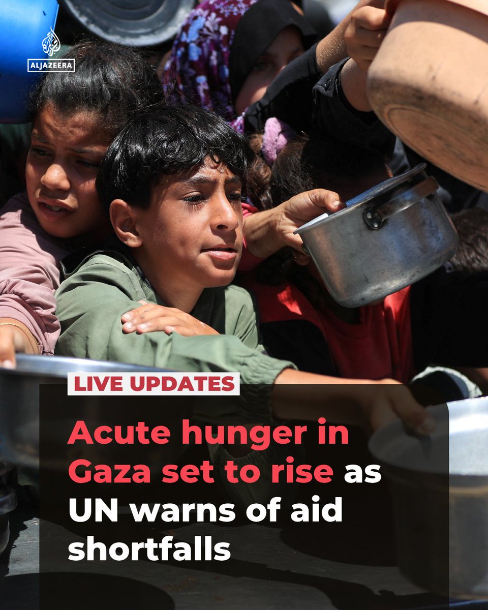 AJEnglish's tweet photo. The UN World Food Programme (WFP) is warning of  deep cuts to its aid to Gaza, where it supports the vast majority of the population, without additional funding.

Insufficient funding could lead to worsening the acute hunger in Gaza.

🔴 LIVE updates: https://t.co/LPeJuvMRCd https://t.co/rHvY8bPJ9l