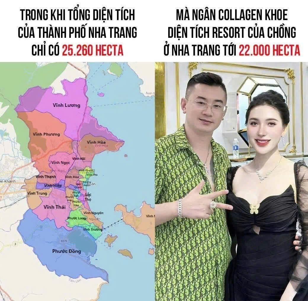 KaiBGR's tweet photo. Đang thấy mọi người bán tán vụ này 

Chồng Ngân collagen có resort rộng 22000 hecta ở Nha Trang

nhưng tổng diện tích thành phố Nha Trang chỉ có khoảng 25260 hecta

vậy là ở Nha Trang toàn resort của ổng hả ta

anh em Nha Trang có biết vụ này không, vì thông tin chứ được kiểm chứng nên không biết này có phải flex hơi quá không