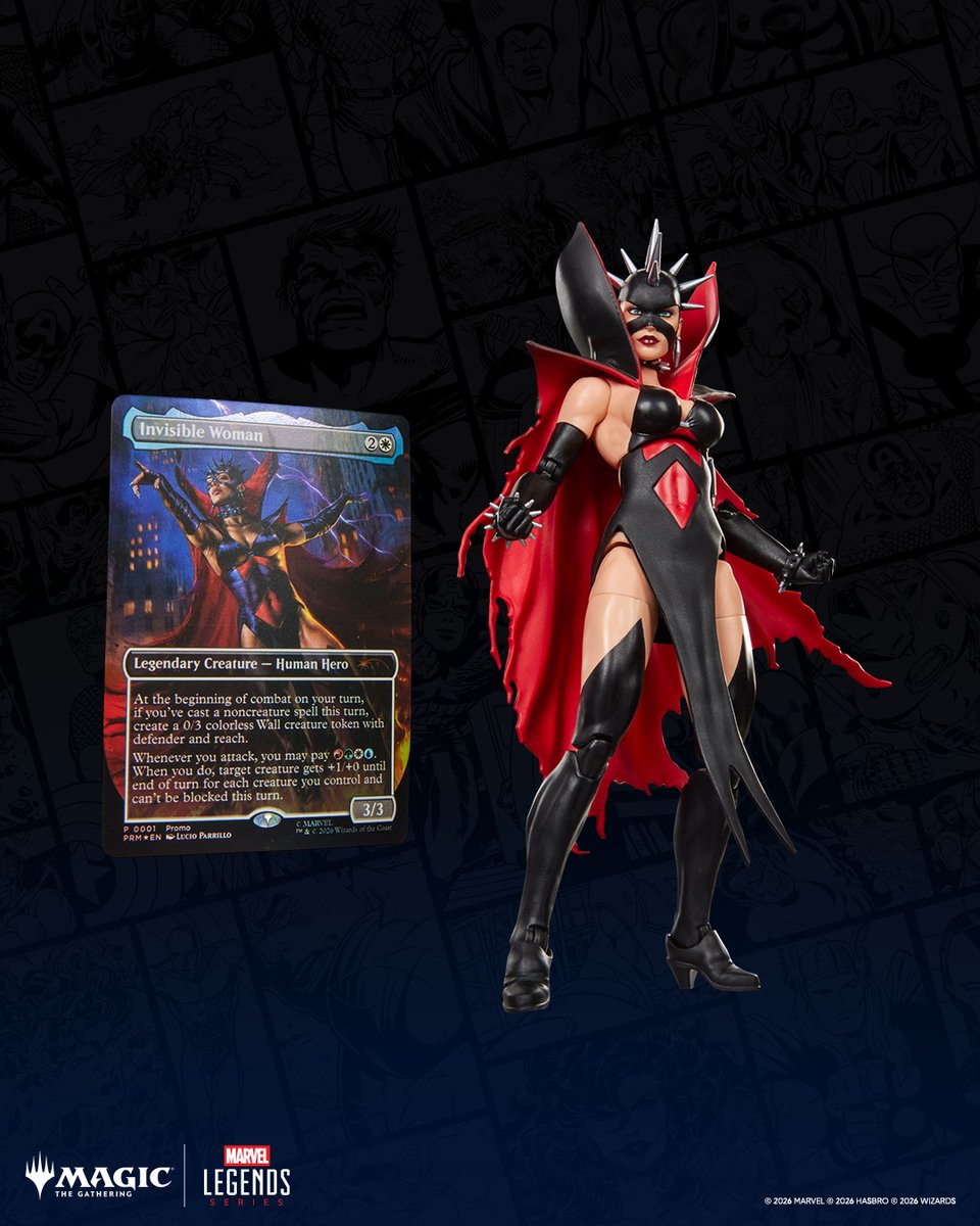 DimirUB's tweet photo. 【MTG x MARVEL】
アクションフィギュアシリーズ『Marvel Legends』とのコラボに付属するプロモカードが公開。
・《インビジブル・ウーマン/Invisible Woman》
・《ラトベリアの王、ドクター・ドゥーム/Doctor Doom, King of Latveria》
・《チームのリーダー、キャプテン・アメリカ/Captain America, Team Leader》
・《ブラックパンサー、ティ・チャラ/T'Challa, the Black Panther》