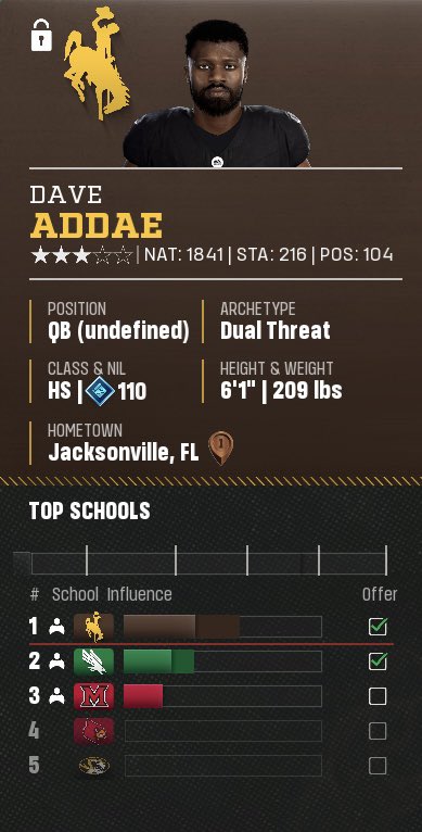 CFPMitchConnor's tweet photo. DAVE ADDAE SWEEPSTAKES 🤑

Another week another update on what could be the best QB prospect since Dennis Office 🫨

The 3⭐️ QB remains verbally committed to Wyoming as North Texas runs out of time to convince him otherwise ‼️ https://t.co/OSJVOa5lCO