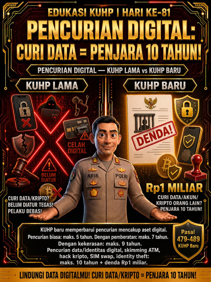 PolresCiko851's tweet photo. EDUKASI KUHP | HARI KE-81 
━━━━━━━━━━━━━━━━━━━━━━━━

PENCURIAN DIGITAL = KEJAHATAN SERIUS!

Kamu pikir curi data orang itu tidak ada
yang tahu dan tidak ada hukumannya?
PIKIR LAGI! https://t.co/wG90R3UXFW