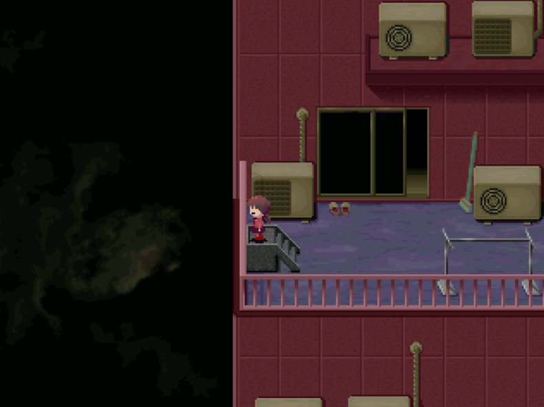 SMLMOVlE's tweet photo. I feel kinda bad playing yume nikki knowing the end 'goal' is basically to make madotsuki jump off her balcony but whatever. i got the ending that parallels this ending scene in 2kki a couple days ago but i lost the screenshots for it https://t.co/fOqmusRfoO