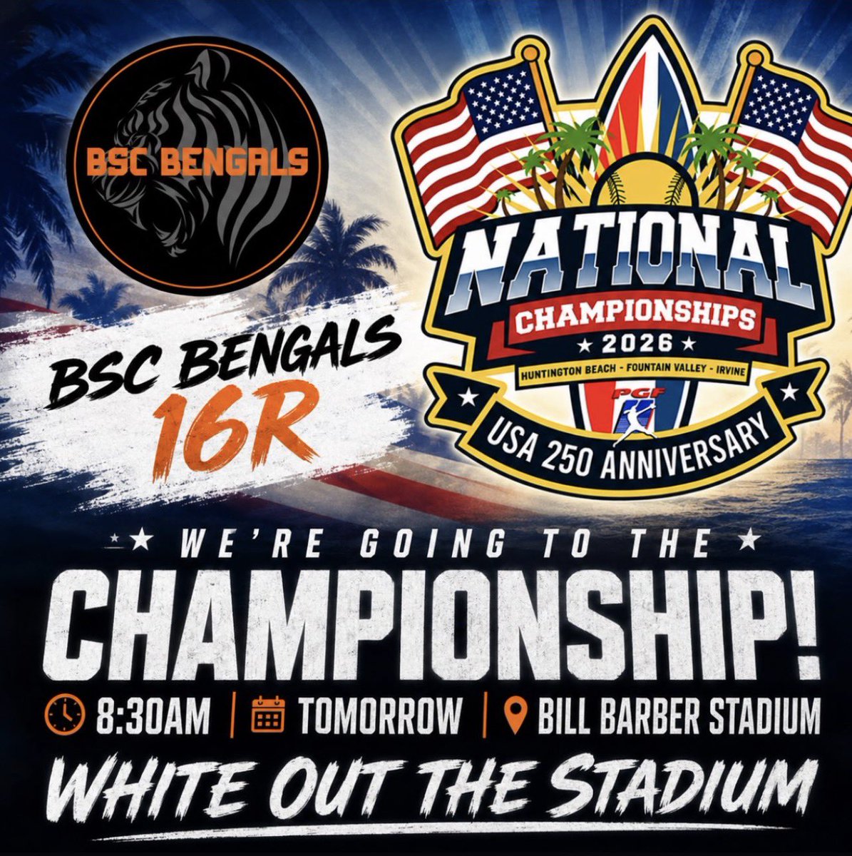 kynaleacacal20's tweet photo. 🥎 PGF National Championships
🏆 16U Premier Championship Game
📍 Deanna Manning Stadium
📺 LIVE! on ESPN+
⏰ Saturday, July 25 at 830AM
@BSCBengals @briggze6 @coachbriggze @Marlece_H @PGFnetwork #OUTWORK https://t.co/2SsCIrct2Z