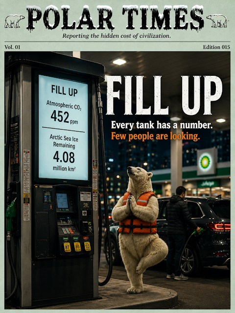 lastpenguin's tweet photo. Every visit to a gas station displays numbers that drivers rely on—fuel price, volume, and cost. Yet another set of numbers is changing at the same time: atmospheric CO₂ levels and the remaining extent of Arctic sea ice. #polartimes https://t.co/cjppMCtuzb https://t.co/birbZwpgpd