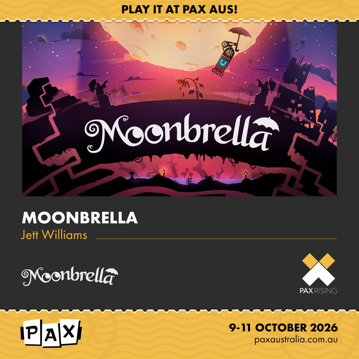 PAXAus's tweet photo. 🚨 Another PAX Rising Indie Revealed! 🚨

A 2D platformer Metroidvania with deep movement and no jump button. Upgrade your umbrella to explore an abandoned planet and ascend to the moon.

Check out Moonbrella by @JettWilliams_  in PAX Rising at PAX Aus. https://t.co/0QfNpmfrG0