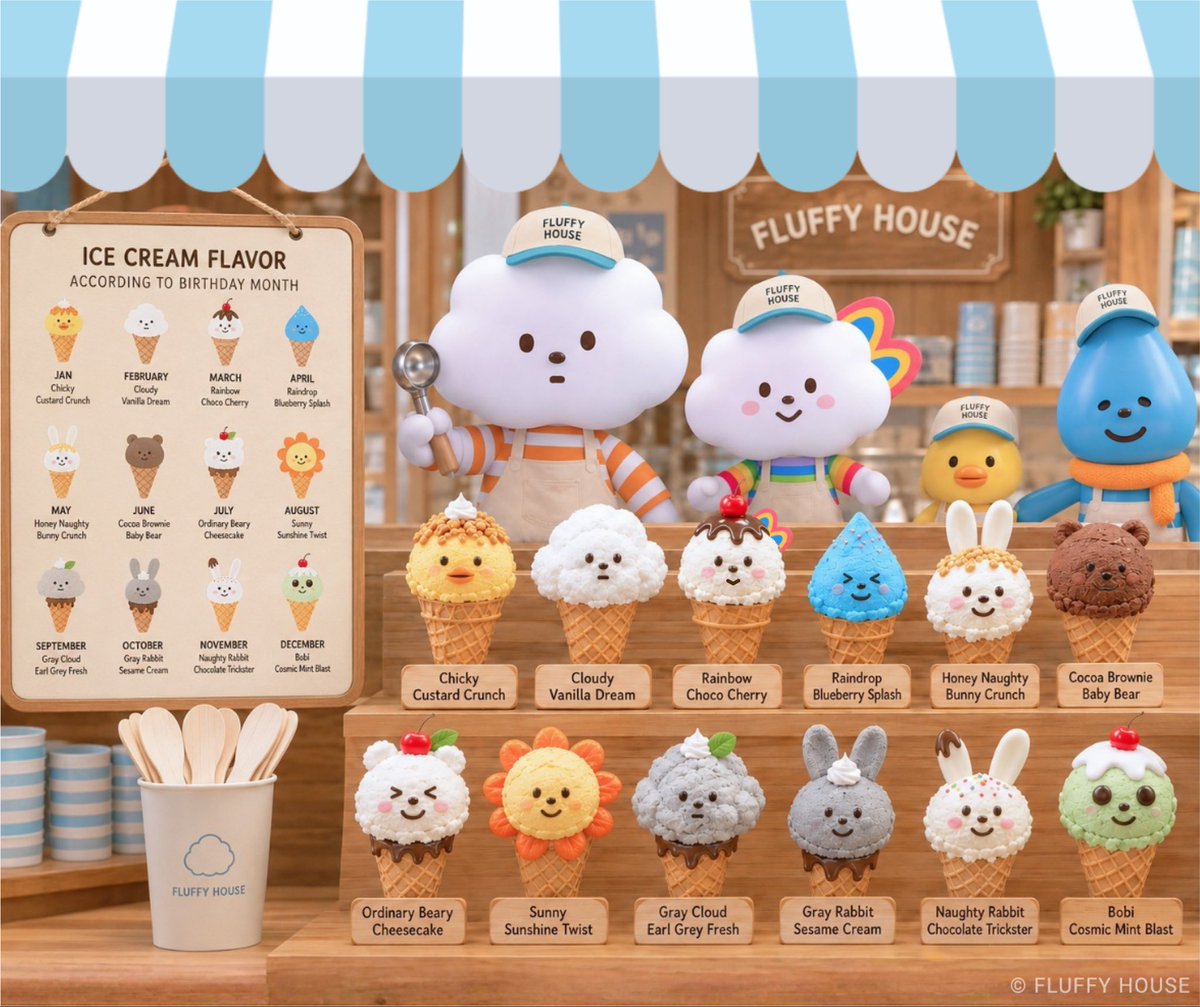 FluffyHouseCS's tweet photo. 🍦 Which flavor would you pick? ☁️🌈

If our friends were ice cream, what would they taste like?

No matter which flavor you choose, we hope it brings a little coolness to your hot summer day. 😎🤍

#FluffyHouse #IceCream #MrWhiteCloudandFriends #coolsummer https://t.co/uyTfslH0si