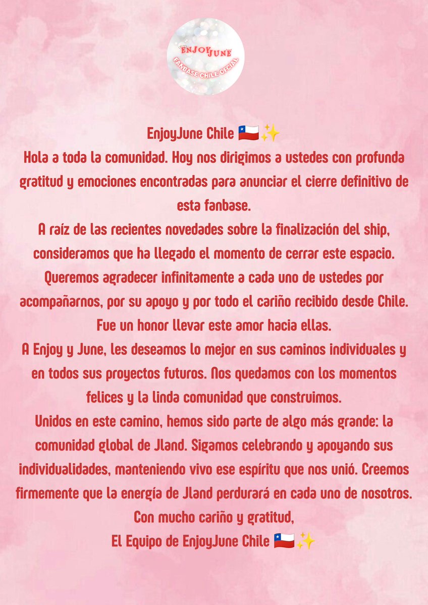 EnjoyJuneCL's tweet photo. Lamentablemente esta cuenta de apoyo llegó a su fin no olvidaremos no dejaremos a Enjoy y June de lado pero aveces las cosas tienen que terminar muchas gracias JLand de Chile y mundo que nos seguían 

#EnjoyJune #เอนจอยจูน https://t.co/H6s3RjMWXh