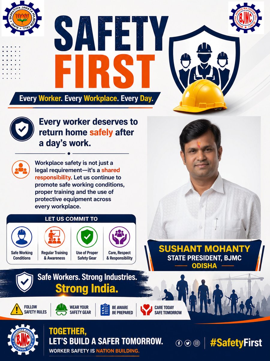 BJMCpresident's tweet photo. Every worker deserves to return home safely after a day's work.

Workplace safety is everyone's responsibility. Safe workplaces protect lives, strengthen industries and build a stronger India.

#SafetyFirst #WorkersWelfare #BJMC #Odisha https://t.co/1X1iHyp9hy