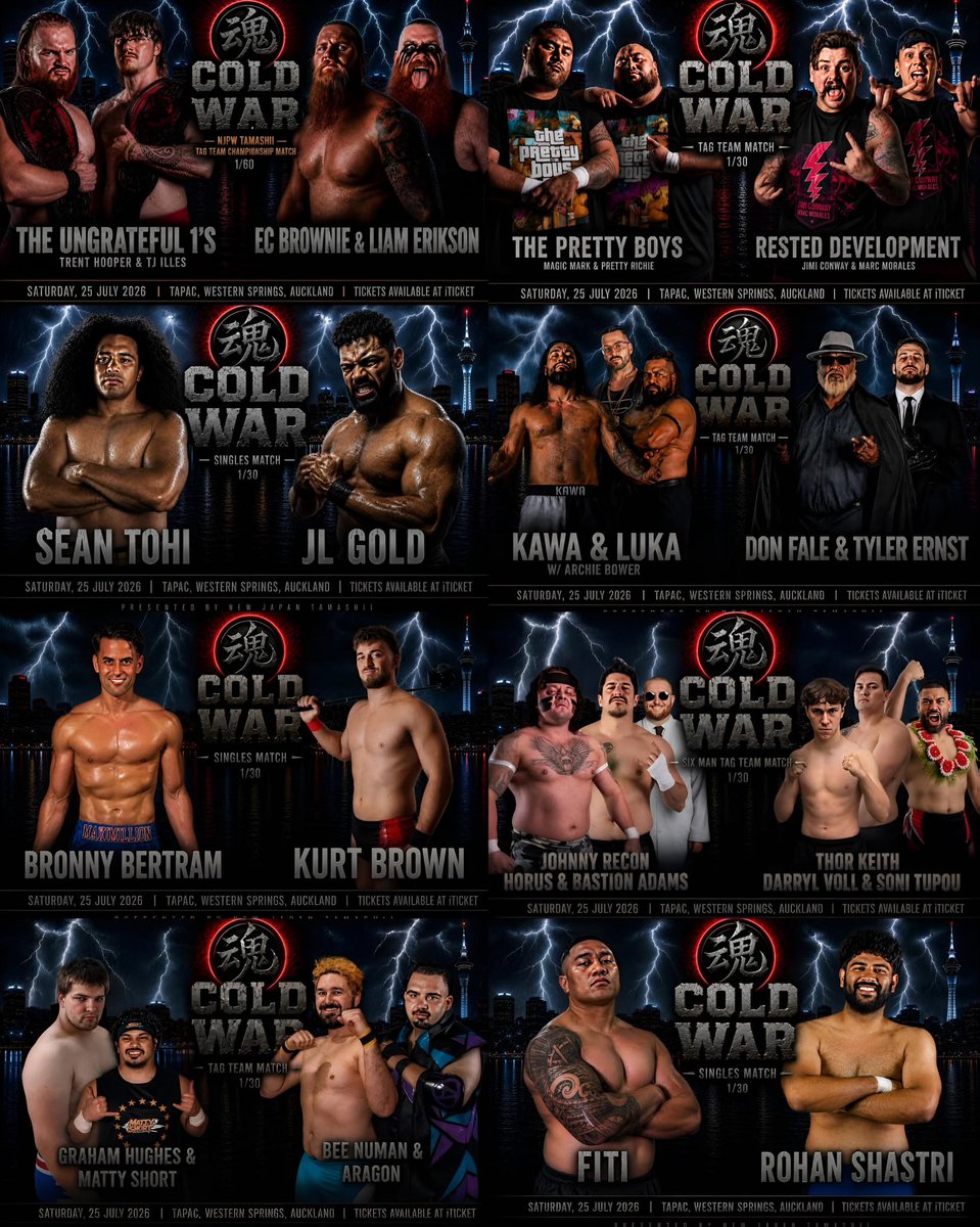 NJTamashii's tweet photo. Tonight, #njpwTAMASHII returns to #Auckland for #COLDWAR, featuring 8 matches, including the TAMASHII Tag Team Championship

🎟 Limited tickets available

https://t.co/YrAzQAAkes

#NJPW #Auckland https://t.co/qwINrdfxO7