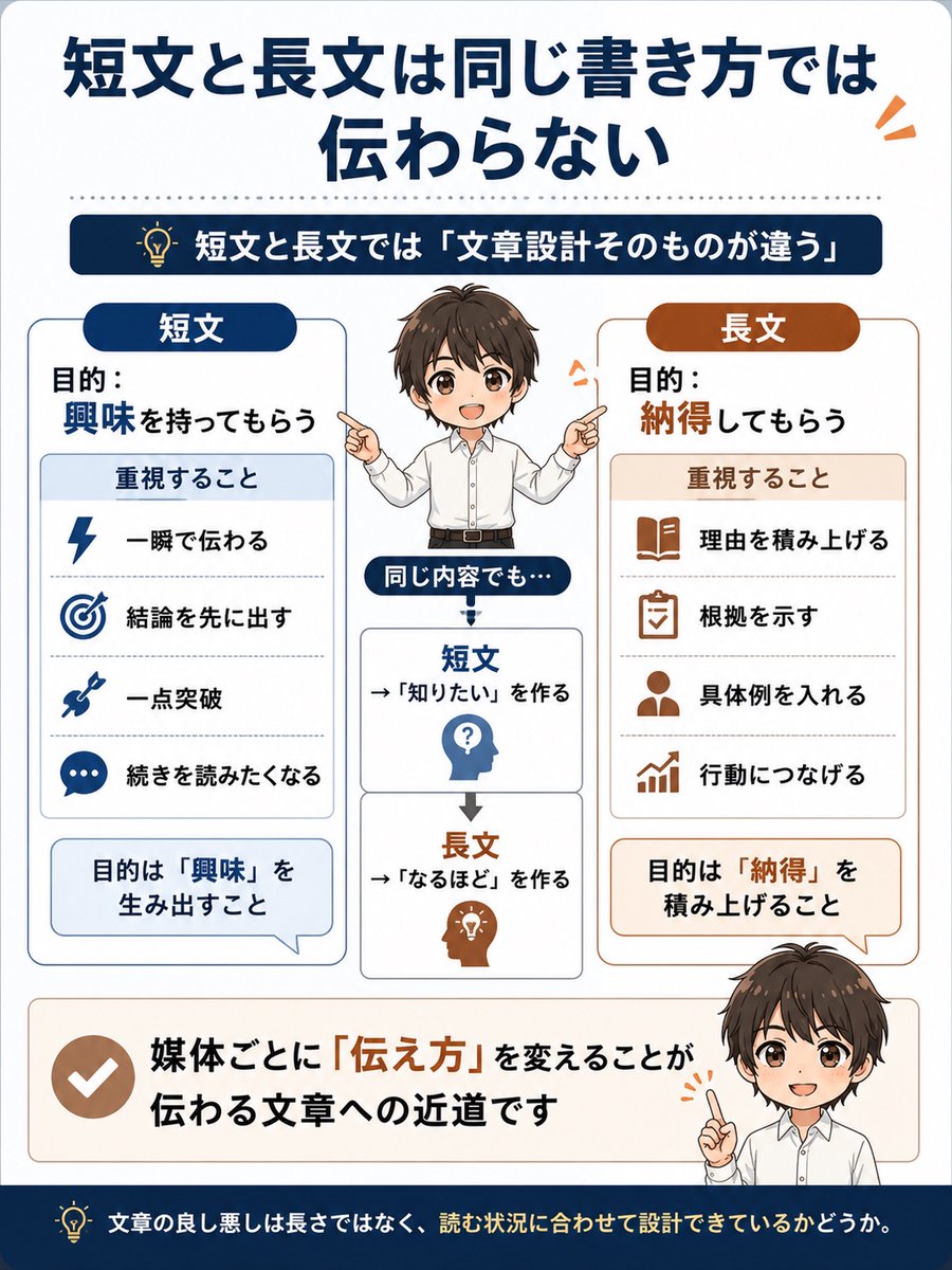 attachstyle's tweet photo. ブログだと好評なのにＸだと反応が取れない。あるいは、逆のパターンに悩む方も多いと思います。ここで大事なのは長文と短文では、目指すゴールが違うということ。要点をまとめたので参考にしてください^^ https://t.co/ayZyeBY0aC