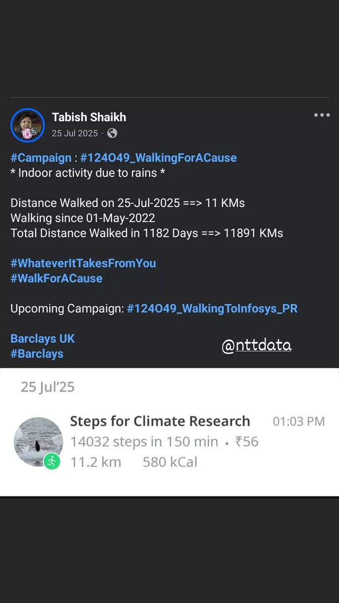 TabishSk21's tweet photo. #Barclays

* #Campaign : #124O49_WalkingForACause

Distance Walked on 25-Jul-2024 ==> 02 KMs
Walking since 01-May-2022
Total Distance Walked in 817 Days ==> 8172 KMs

#WhateverItTakesFromYou
#WalkForACause

Upcoming Campaign: #124O49_WalkingToInfosys_PR 

@NTTDATA  
#NTTDATA https://t.co/Gu2iBgpEvi