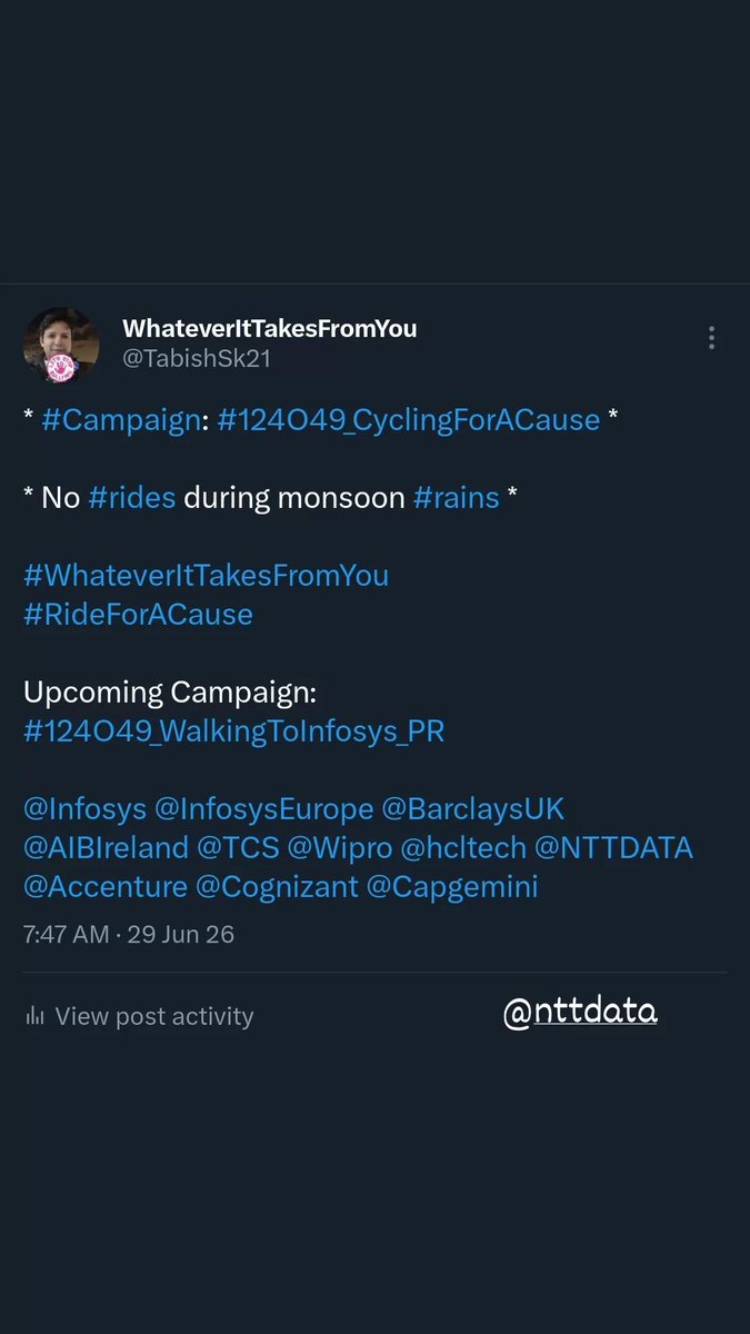 TabishSk21's tweet photo. #Barclays

* #Campaign : #124O49_WalkingForACause

Distance Walked on 25-Jul-2024 ==> 02 KMs
Walking since 01-May-2022
Total Distance Walked in 817 Days ==> 8172 KMs

#WhateverItTakesFromYou
#WalkForACause

Upcoming Campaign: #124O49_WalkingToInfosys_PR 

@NTTDATA  
#NTTDATA https://t.co/Gu2iBgpEvi