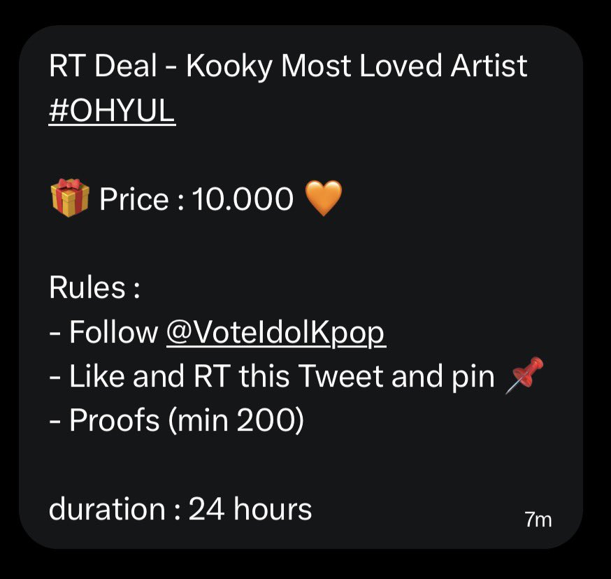 squad_127's tweet photo. RT Deal - Kooky Most Loved Artist
#OHYUL

🎁 Price : 10.000 🧡

Rules :
- Follow @VoteIdolKpop 
- Like and RT this Tweet and pin 📌 
- Proofs (min 200)

duration : 24 hours https://t.co/9QbMUC4vxz