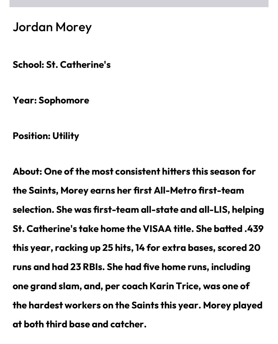 jordanmorey_00's tweet photo. Honored to be named 1st team All-Metro alongside some of my other Saints teammates. Looking forward to next season!! @Dukes16uNat @ToddMayfield85 @_Nikki_Nichole @EASRecruiting @CoastRecruits @CoastRecruitsSB @TopPreps @SBRRetweets @SoftballClips @IHartFastpitch @SoftballDown @D1Softball @D1ProScouts 

@UNCSoftball @c_lyon22 @coachmegsmith @coachkiwij @UNCGSoftball @UNCWsoftball @LibertySB @CoachDot_LU @SamiFagan @kickem2theKIRB  @AshleyWadeUNCW @AbbeyLatham @CatchingIron @KylerHolton08 @coachbreneman @Brynne_Dordel @jojo_hyatt @allydavis09 @FurmanSB @MaryBethDen @k_burkHEART @ValerieCag71254 @PackSoftball @LLefty18 @grayskye26  @AppStateSB @whitjones25 @MattAlberghini @courtney_ogle12 @GoCamelsSB @coachsegars1 @hansparks4