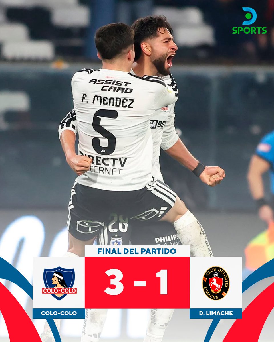 DSportsCL's tweet photo. EL CACIQUE VENCIÓ A SU BESTIA NEGRA ⚫⚪
⏩ Colo-Colo se quedó con los tres puntos en el Monumental tras vencer por 3-1 a Deportes Limache.
⚽ Madrid y Rojas (2) marcaron para los Albos, mientras que Popín Castro descontó.
🟥 Wiemberg fue expulsado al 73'.
#EnLaPielDeColoColo https://t.co/Nn63wBHTyU