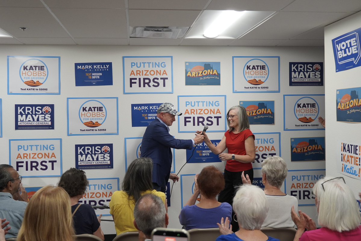 katiehobbs's tweet photo. Three @copperstate2026 office openings in the first three days of the general election. 

Arizonans are fired up about the momentum building in our people-powered movement, and Scottsdale did not disappoint. Thank you to everyone helping to build this campaign one conversation at a time, and thank you to my friend @CaptMarkKelly for the surprise visit!
