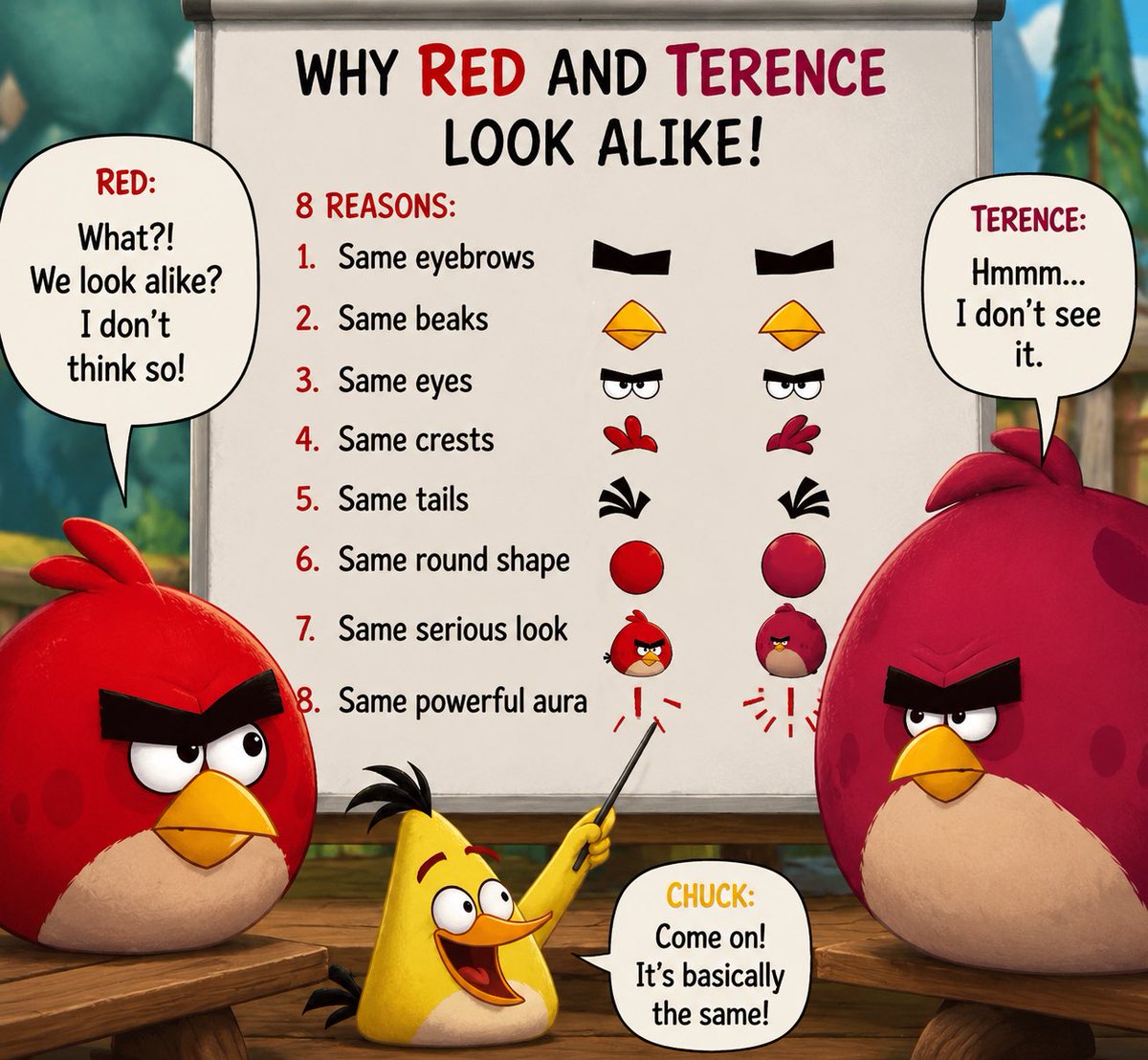 Liberalarti's tweet photo. Red and Terence’s reaction to they looked alike claim (artwork by AI). https://t.co/c6mEP8RBqp