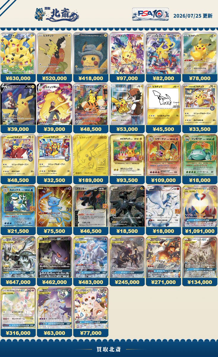 kaitori_hokusai's tweet photo. 7/25

🌊PSA10 買取🌊

🌊AR/CHR PSA10 4200円🌊

買取表に載ってない場合は
公式ラインにて、要相談✅

※カードやケースの状態により減額や買取不可になる場合がございます
※価格保証は承認後の当日便(翌日着)発送のみです
※持ち込みの場合でも公式LINEにご連絡ください https://t.co/pnnwH8M9iR