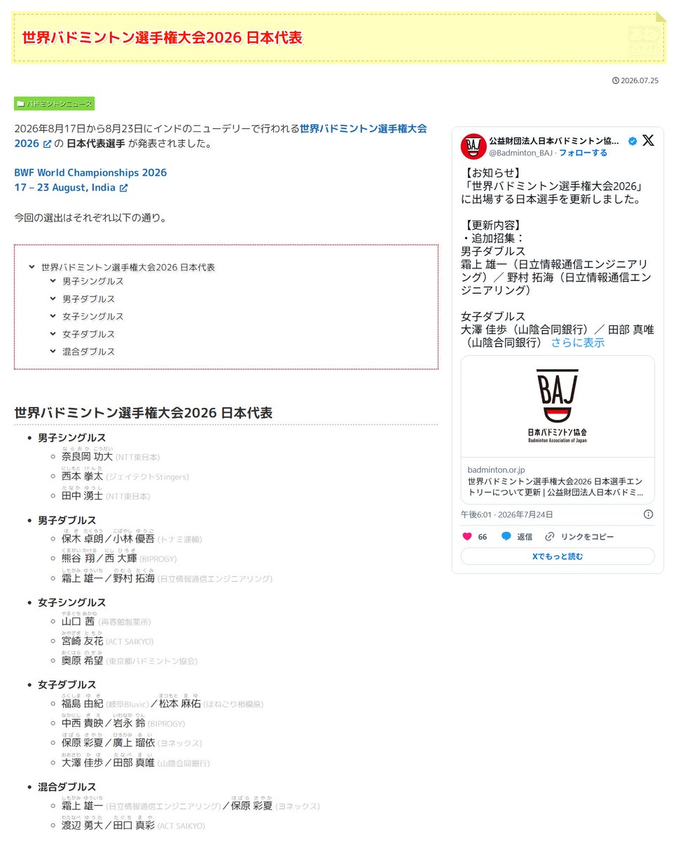 anemintonz's tweet photo. 2026/8/17からインドのニューデリーで行われる世界バドミントン選手権大会2026の日本代表選手が発表されました。

https://t.co/T7eSAGxTwC

#バドミントン #バドミントンサークル #市原市 #姉崎 #あねミントンず #badminton #anemintonz #バドミントン好きな人と繋がりたい #世界バドミントン選手権 https://t.co/hBbMsnYjeP