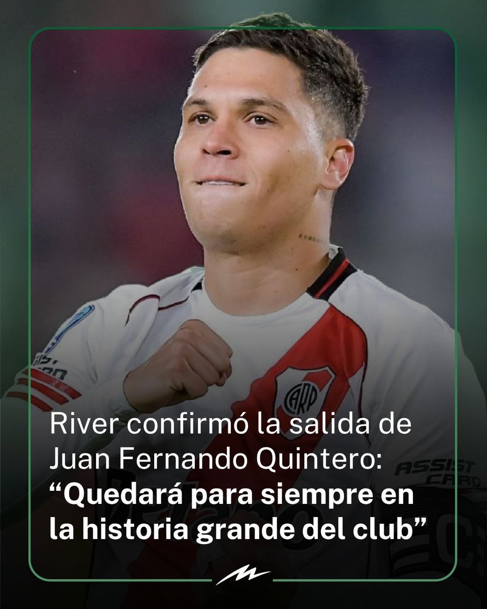 radiomitre's tweet photo. ⚪🔴 Juan Fernando Quintero rescindió su contrato con River. 

👉 La decisión fue confirmada por la propia institución a través de un comunicado, donde aclararon que se trata de una salida "de común acuerdo”. 

📣 “El talento de Juanfer y su aporte fundamental en el momento más decisivo quedarán para siempre en la historia grande del Club, que se convirtió en su casa durante todos estos años compartidos”, aseguraron. 

⚽️ El escrito del club Millonario también le desea “todos los éxitos en el próximo capítulo de su carrera profesional”.