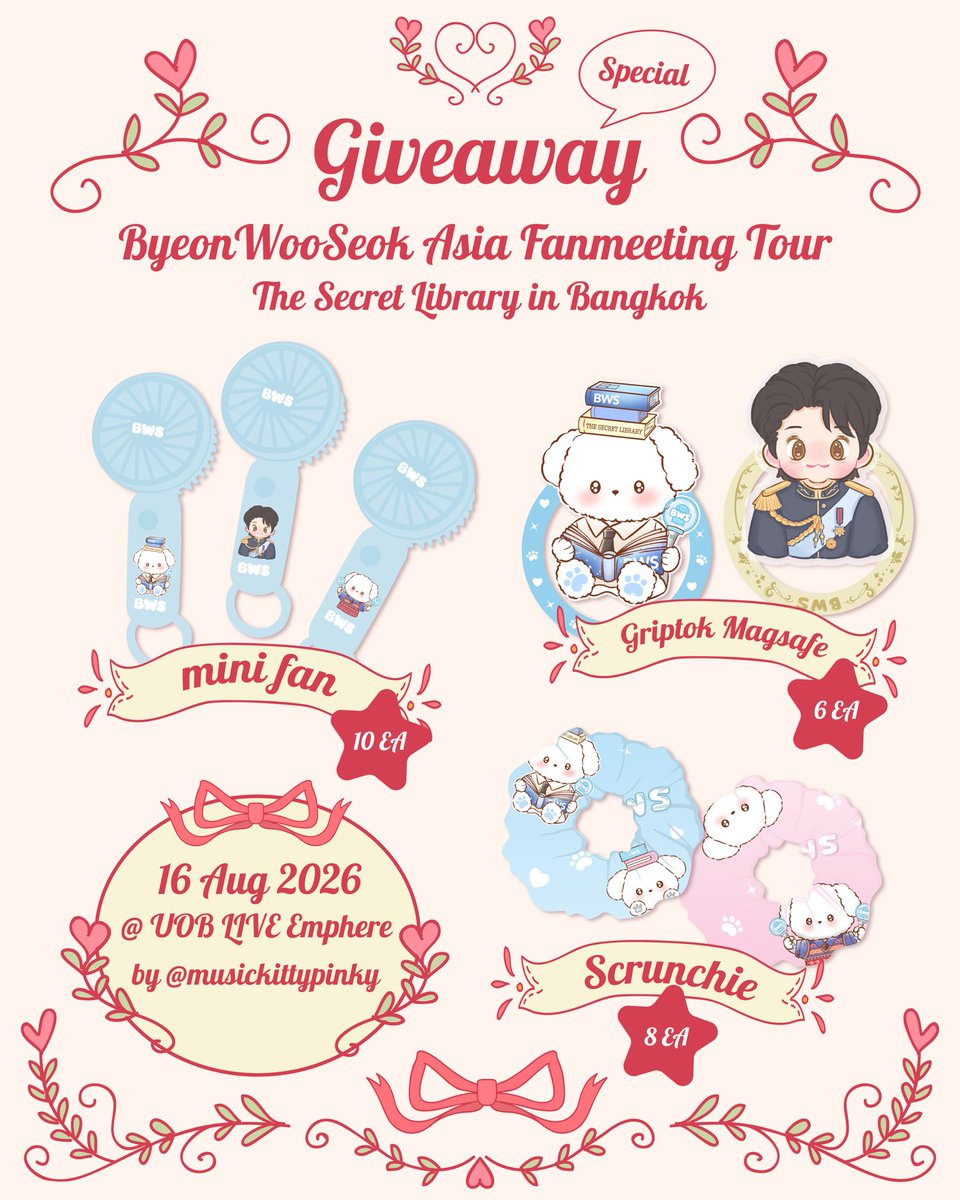 Musickittypinky's tweet photo. 🎁Give Away #BYEONWOOSEOK_TOUR_in_BANGKOK 

⋆. 𐙚˚࿔ 30 Set 𝜗𝜚˚⋆
ᯓ★Drawstring bag+Miror+Hair brush+Hair clip  + Keyring

📅 : 16 Aug 2026 
🎪 : UOB LIVE Emphere[BKK]
⏰ : TBA
✶ rt &amp; show this tweet ✶

#อูเชทงgiveaway
#TheSecretLibrary_in_Bangkok
#변우석 #ByeonWooSeok https://t.co/zDFO4Q1vLF