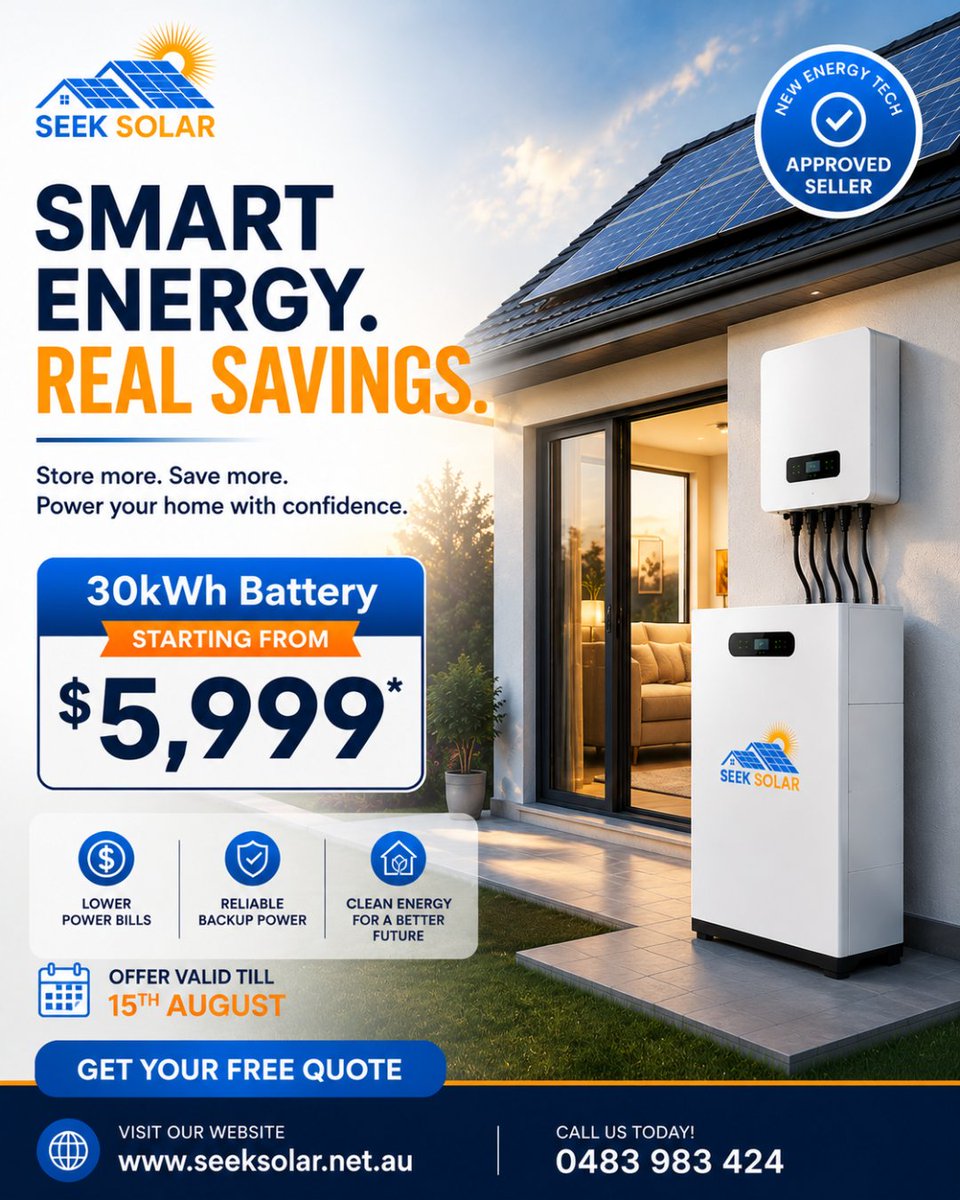 seek_solar's tweet photo. ⚡Smart Energy. Real Savings.

🔋 30kWh Solar Battery from $5,999*
✅ Lower bills
✅ Reliable backup power

📞 0483 983 424
🌐 https://t.co/hwPKhfgtWn

#SeekSolar #SolarBattery #30kWhBattery #EnergySavings https://t.co/ZT1BXAIR0a