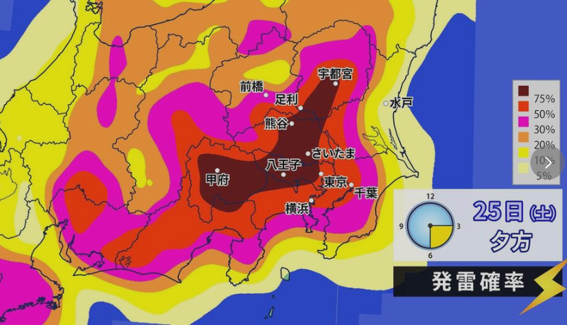 travelJGCSFC's tweet photo. 関東はきょう25日(土)午後も急な雷雨のおそれ https://t.co/nGYWCDMAOK