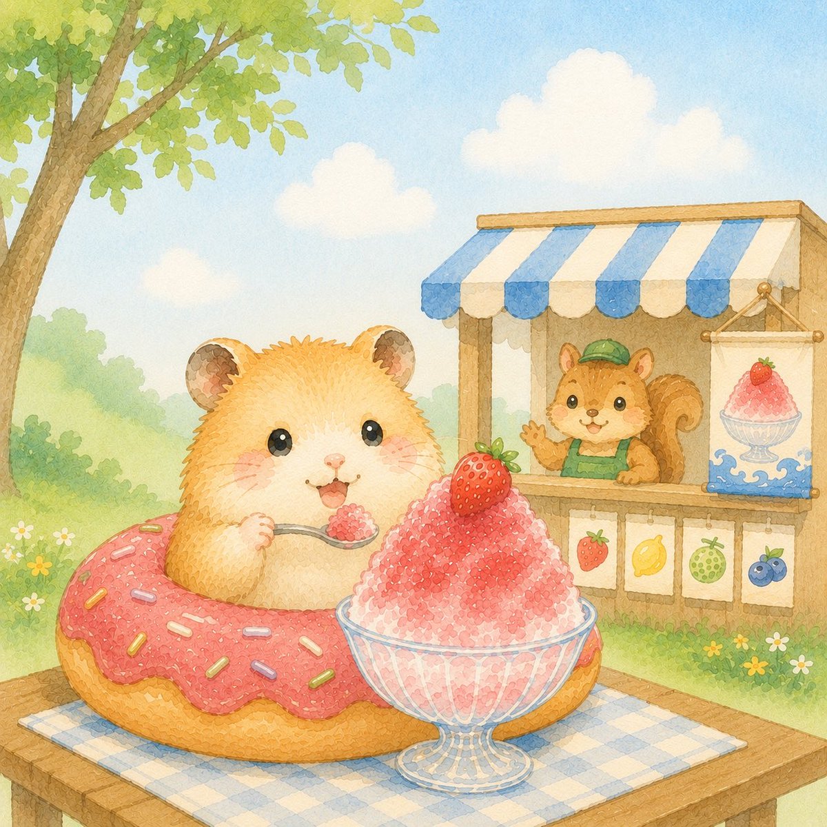 katayuri00's tweet photo. 🍓今日は #かき氷の日　

「ひんやり甘くて、おいしいね。」

山の小さなかきごおり屋さんで、
のんびり夏の午後を過ごすハムスターを描きました🍧🐹

#AIイラスト #絵本のような世界 #癒しイラスト #夏イラスト #ハムスター https://t.co/B9YvVYMo2i