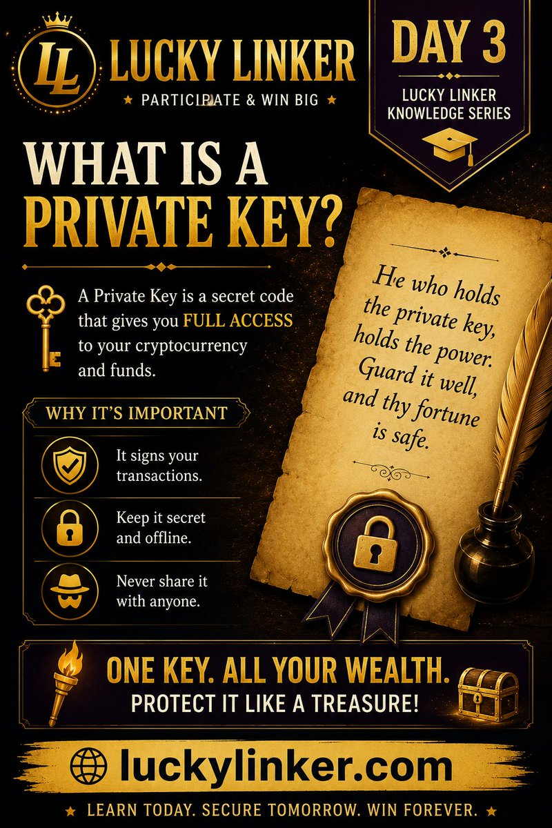 luckylinkerlabs's tweet photo. 🔑 Lucky Linker Knowledge Series – Day 3
The Private Key is thy crown unseen. Guard it well, reveal it never, and thy fortune shall endure.
#LuckyLinker #Crypto #Web3 https://t.co/mszVf2KWdM