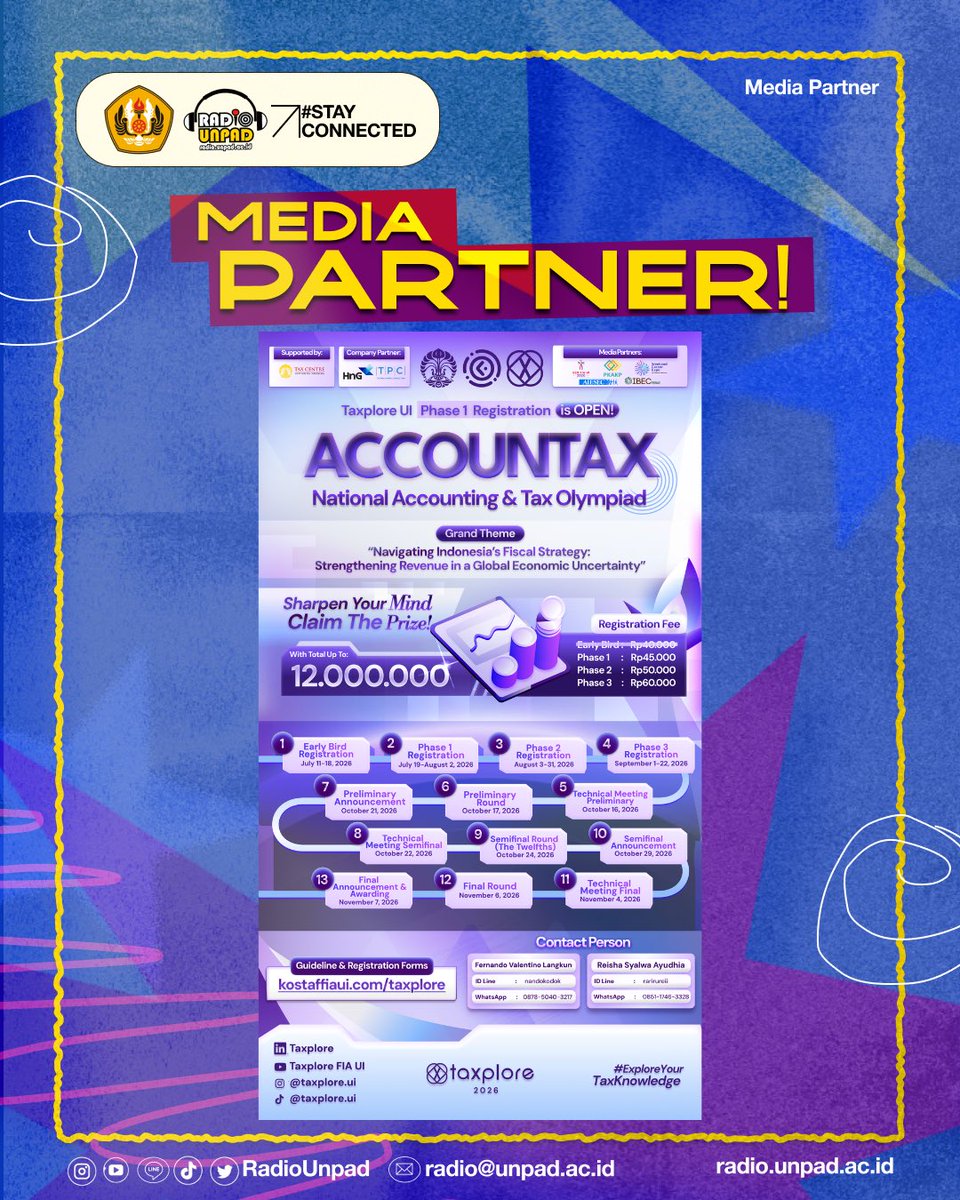 RadioUnpad's tweet photo. [MEDPART: Taxplore UI 2026]
📣 𝐎𝐏𝐄𝐍 𝐏𝐇𝐀𝐒𝐄 𝟏 𝐑𝐄𝐆𝐈𝐒𝐓𝐑𝐀𝐓𝐈𝐎𝐍: 𝐀𝐂𝐂𝐎𝐔𝐍𝐓𝐀𝐗, 𝐓𝐀𝐗 𝐄𝐒𝐒𝐀𝐘 𝐂𝐎𝐌𝐏𝐄𝐓𝐈𝐓𝐈𝐎𝐍, 𝐀𝐍𝐃 𝐓𝐀𝐗𝐓𝐈𝐎𝐍 📣 https://t.co/n7qBjd2zyt