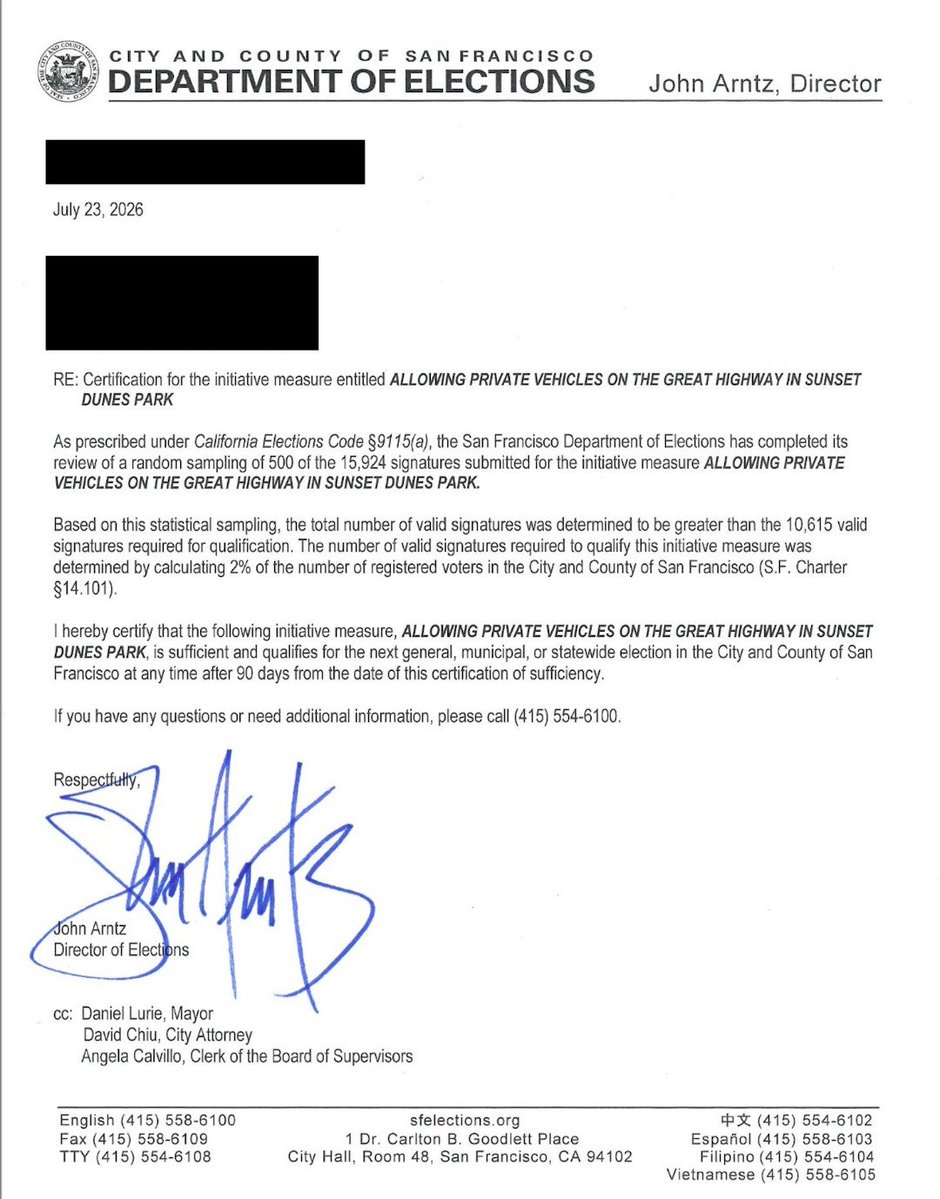 SelenaC10705's tweet photo. Something doesn't add up.

On 7/22/2026, one day before the Department of Elections certified the Great Highway Compromise petition signatures, D7 Supervisor Myrna Melgar submitted a request to change the ballot language so that a "Yes" vote would be framed as eliminating a park.

On that day, the measure hadn't even been certified for the November ballot.

On 7/23/2026, the petition signatures were certified.

Then, on the morning of 7/24/2026, less than 24 hours after certification of the petition, the Ballot Simplification Committee held a public meeting. There was little time for the public to learn about the meeting. 

Joel Engardio, Lucas Lux, and their friends were there. They spoke at the podium and basically said that they oppose any changes and that the sharing option would kill their park.

They absolutely refused any form of sharing, any compromise, and any change.

Let me say this again. Lucas Lux told the judge that the skatepark and everything on the asphalt road are temporary installations. According to Rec and Park's recent press release, the expedited playground construction is also temporary. 

Almost 16,000 San Francisco voters know what they signed.

Under the Great Highway Compromise proposal, the roadway would be shared by everyone Monday through Friday, including private vehicles, while the existing bike lanes, promenade, and pathways remain open. The space would then be closed to private vehicles on weekends and holidays for restricted use.

Was this public meeting noticed with sufficient advance notice to allow the public and residents with language access needs to participate?

Under San Francisco Administrative Code Chapter 91 (Language Access), city boards, commissions, advisory bodies, and departments must provide language access services at a public meeting or hearing if a member of the public requests them at least 48 hours before the meeting.

This public meeting took place less than 24 hours after the certification.

Why was there such a rush? How did Myrna Melgar's request come before the measure was officially certified? And why wasn't the public given more notice before a meeting affecting a citizen led initiative supported by almost 16,000 San Francisco voters?

The impacted districts include many monolingual seniors, families, and residents. Are we going to assume they have no right to know about or participate in this important discussion?

These are fair questions that deserve clear answers. 

Public trust depends on transparency and an open process, not one that appears rushed or inaccessible.

What I witnessed today was an attempt to silence the voices of ordinary people by those who believe we don't deserve to be informed or have a voice.

So why are Joel Engardio and Lucas Lux doing this?

Who's actually running San Francisco?