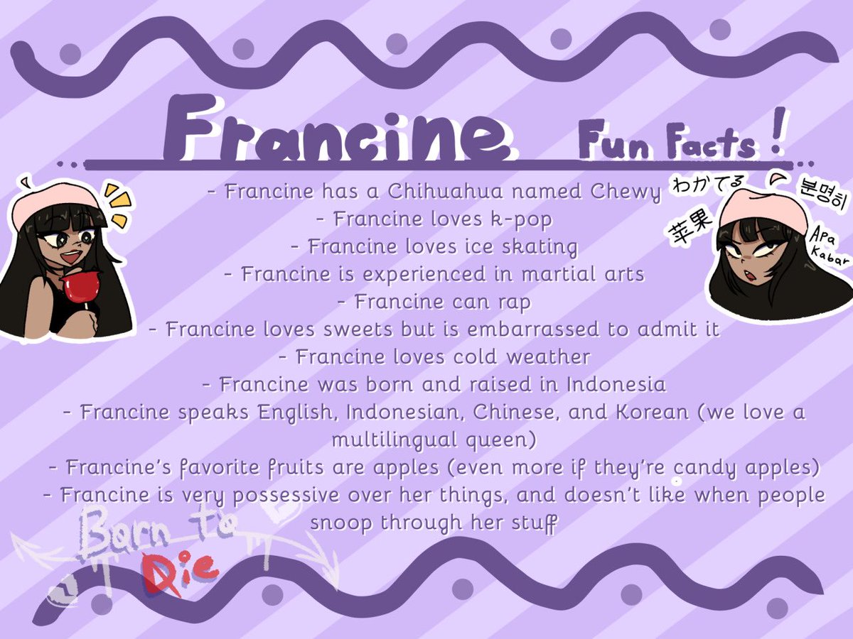 vanilla_mixtake's tweet photo. FUN FACT SERIES 7!!! Fun Facts about Francine!!

#oc #digitalart #drawing #illustration #artwork #design #myart #indieproject #borntodie #indievideogame https://t.co/k6SP54hVYW