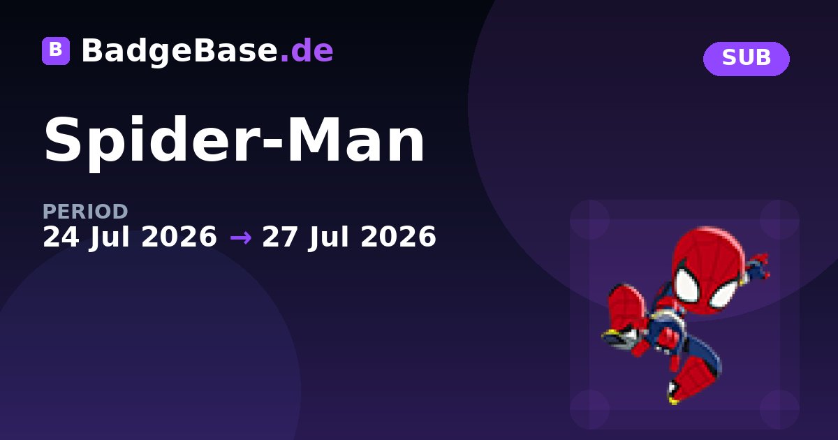 BadgeBaseTwitch's tweet photo. Twitch global badge now available: Spider-Man

This badge was earned by subscribing or gifting a sub to a streamer in the Marvel Tōkon category during the Open Beta! https://t.co/4RvvyaObMl