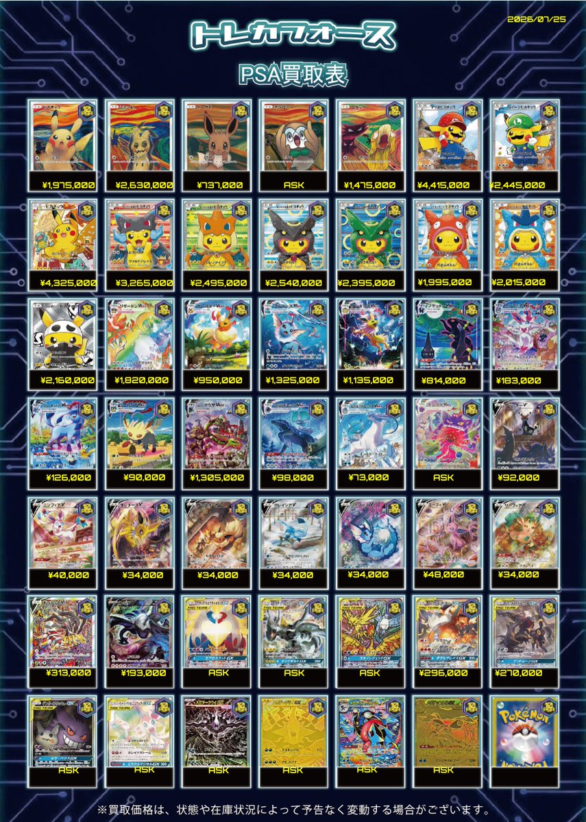 TCGFORCE_'s tweet photo. 【🔥減額無しPSA買取🔥】
本日の買取表になります‼️
⏰営業時間
13:00-19:00

※ケース割れ・インクド・日焼けなど、状態に難があるお品物は、お買取りできずご返却となる場合がございます。
※旧ラベルの鑑定品は、減額なし買取の対象外となる場合がございます。

買取表に無いシングルカードもお持ち込み
お待ちしております💪

たくさんのご来店お待ちしております🙇

ポケモンカード❶