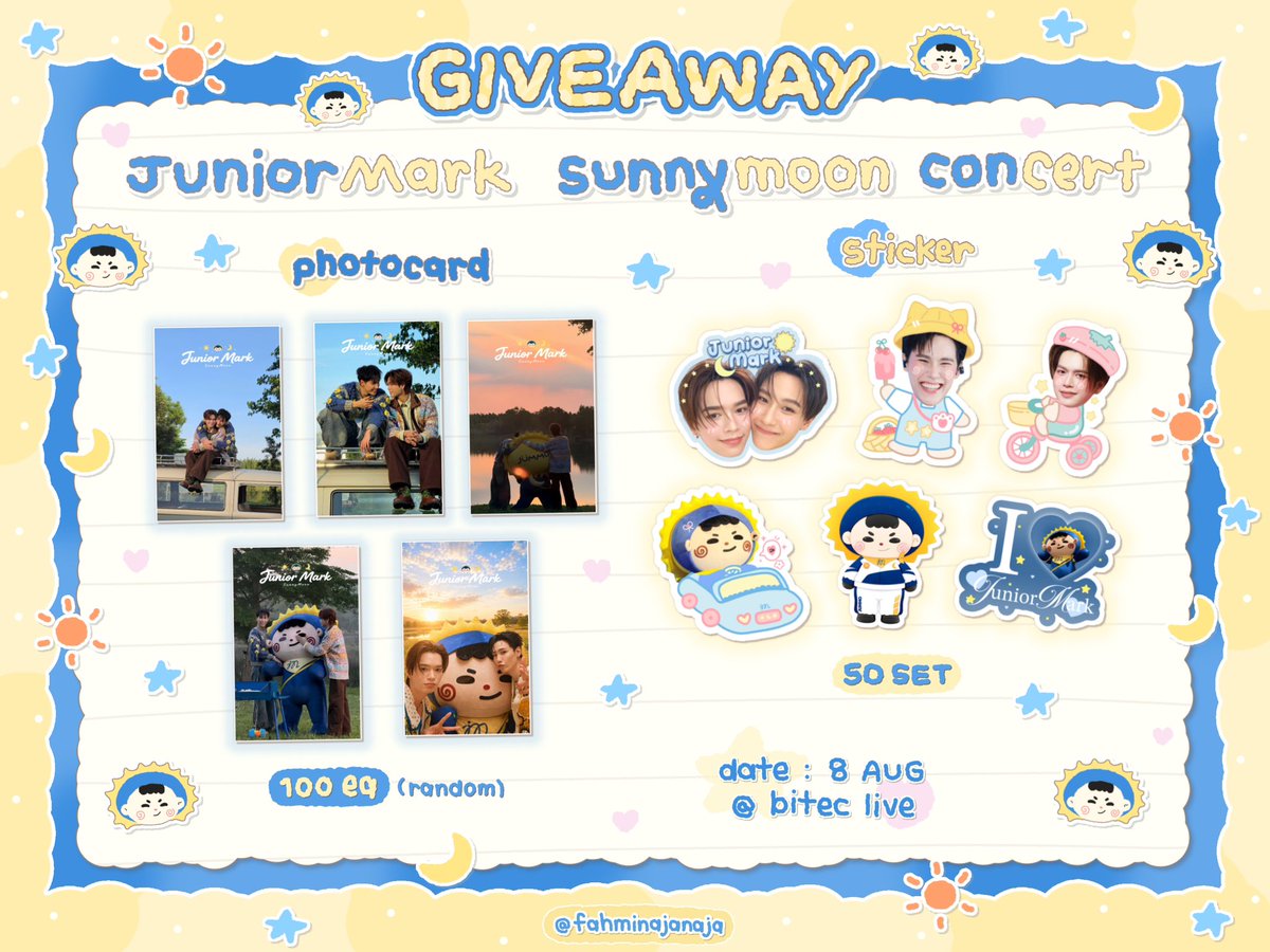 fahminajanaja's tweet photo. 🌞pls kindly rt  🌞 กลัวไม่หมดมารับกันเถอะ🥹

giveaway #JuniorMarkConcert 🌻

✨STICKER UV DTF 50 SET
✨PHOTO CARD 100 EA

location : @ bitec live
date : 8 aug 2026
time : tba 🕓

(แลกเปลี่ยน dm แต่วันจริงถ้าหาไม่เจออย่าโกรธกันนะ)

preview #cmscm
#juniormark #junniorrs #markjrtn https://t.co/ZUY7DNZshd