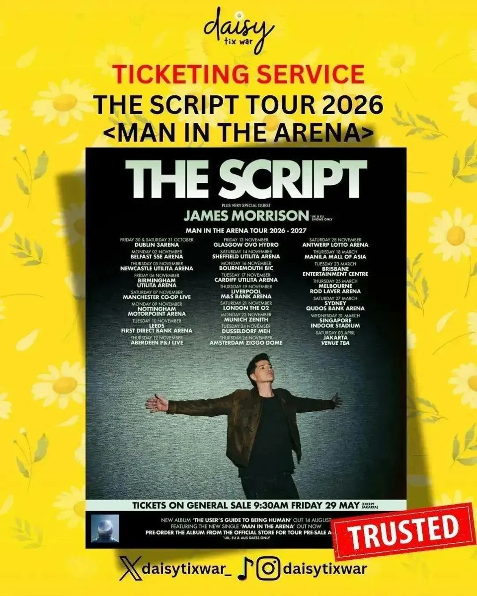 daisytixwar_'s tweet photo. OPEN JASWAR TIKET BY DAISYTIXWAR 

☆ THE SCRIPT Tour 2026 <Man In The Arena>
☆ KANYE WEST Live In Indonesia
☆ U-KNOW Project 2026 <Scene#1> In Jakarta Non Vip Only
☆ T.O.P <Pre-Studio 2026> https://t.co/eHFLo0iDW0