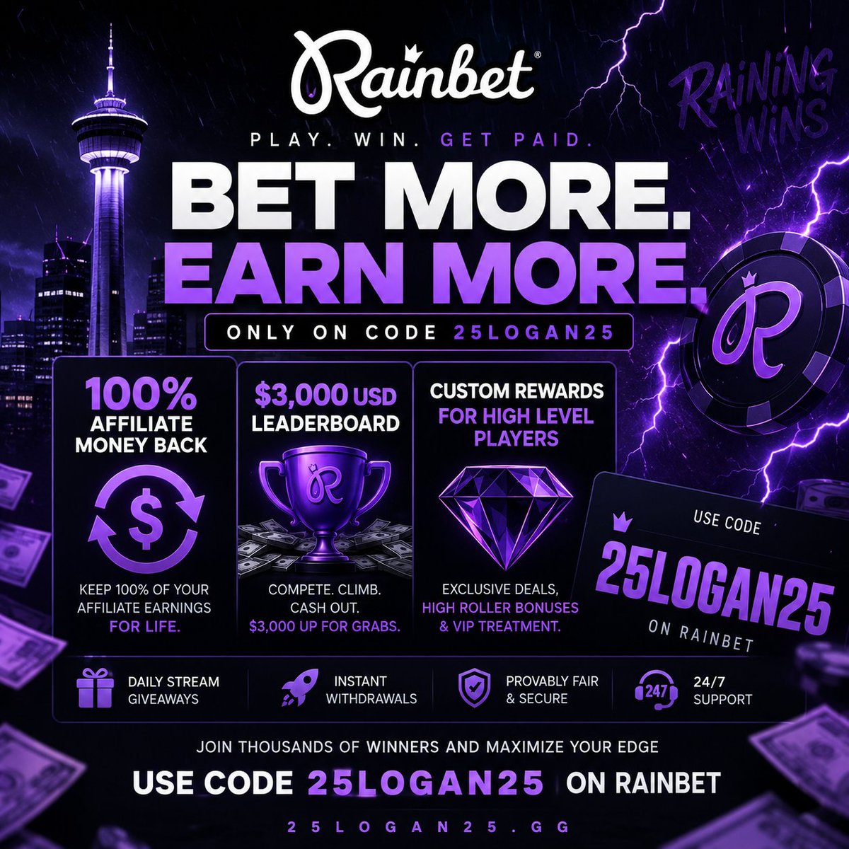 25Logan25_'s tweet photo. 🐳CALLING ALL WHALES🐳
  
Giving TWO people $25 to RT for awareness!

Providing the best rewards back to you!

-100% Affiliate earnings back 💸
-$3,000 USD low roller lb 🏆
-Custom Rewards for players over 25k weekly🎗️
-Daily stream giveaways + More 🌐

Rewards website in replies https://t.co/1cfikSw2Mo