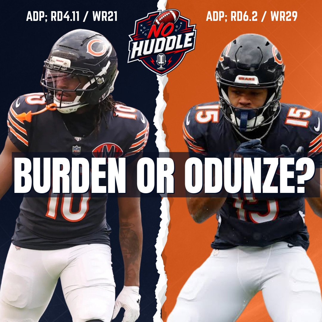 NoHuddleSC's tweet photo. Luther Burden or Rome Odunze at cost? 🐻  
Burden — RD4.11, WR21 
Odunze — RD6.2, WR29  

15 picks apart in a crowded Bears WR room. The question is...... who are you drafting?  

#fantasyfootball #bears #nfl https://t.co/rjbOpWrfAu