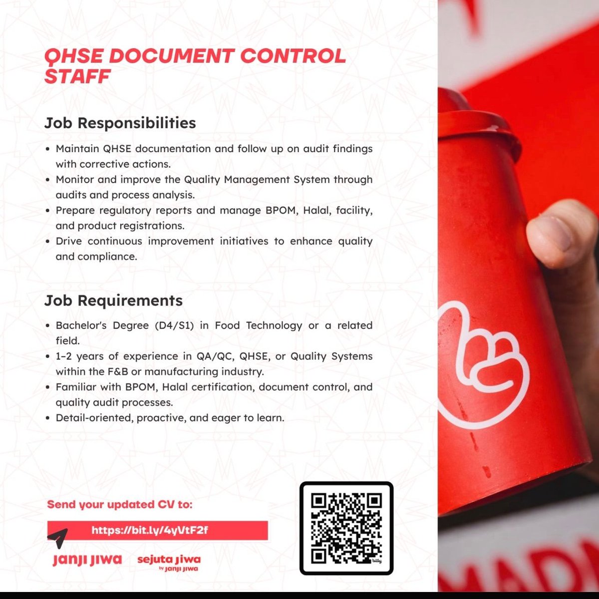 Loker_K3's tweet photo. We're Hiring: QHSE Document Control Staff | Jiwa Group (Kopi Janji Jiwa)

Location: Head Office (Jakarta Barat)

To apply, please click the application link below:

https://t.co/JHqJx8veVj https://t.co/hUCl83DuoG