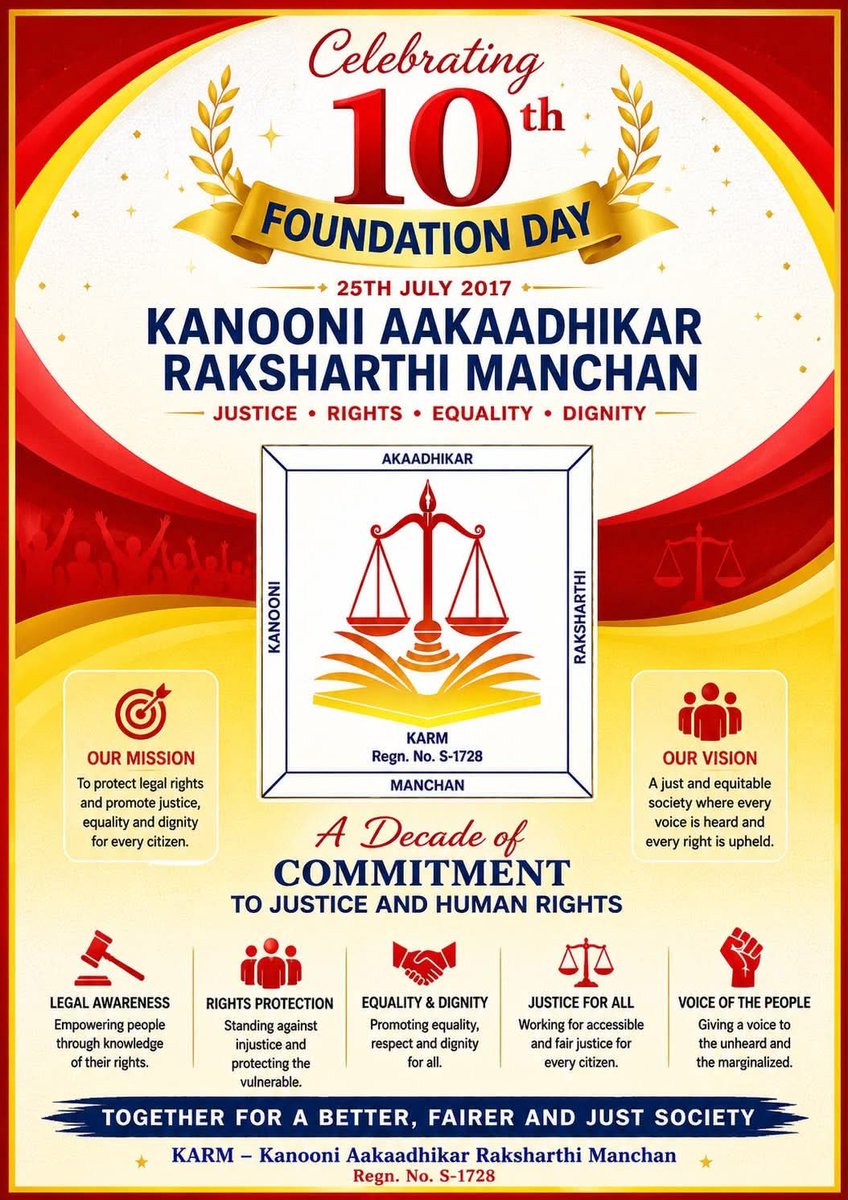 BibhasDas9's tweet photo. KARM's 10th Foundation Day! 🎉 Since 25.7.17, we've stood for Justice, Human Rights &amp; Equality. Thank you to every supporter &amp; volunteer who made this journey possible. Together, we renew our commitment to a just &amp; inclusive society.
Justice • Rights • Equality — For All https://t.co/Evfw24eHcU