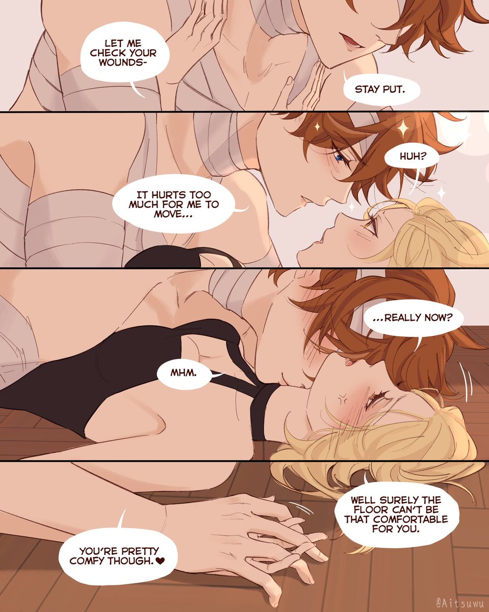 cosmichumanlove's tweet photo. This giving " I'm wounded after battling with villains but your love his my medicine "

Childe to Lumine
She's just trying to heal him
Chilumi art of aitsu
Remind me of Loke taking hits after hits for Lucy but be like I'll heal quickly to come back &amp; support my mage &amp; guild https://t.co/I6NxaAQhJd