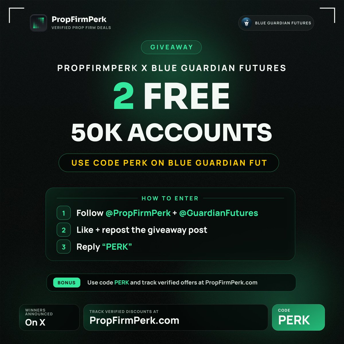 PropFirmPerk's tweet photo. Giveaway time.

Blue Guardian Futures 50K Account.

How to enter:
1. Follow @PropFirmPerk + @GuardianFutures 
 2. Like + repost ( Quote Post Also )
3. Reply “PERK”

Bonus entry:
Use code PERK at Blue Guardian Futures

Winners announced in 24 hours.