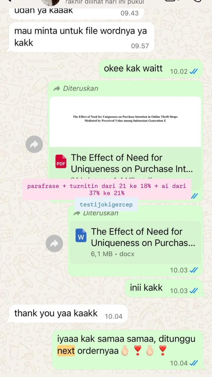 owdyeeee's tweet photo. 150. 5 poster tentang oprec organisasi✅
151. parafrase paper dari 38% ke 19%✅
152. parafrase turnitin dari 21% ke 18% + ai dari 37% ke 21%✅
152. parafrase artikel dari 39% ke 21%✅
#zonauang 
#zonajajan 
#joki https://t.co/praMbYy5DL