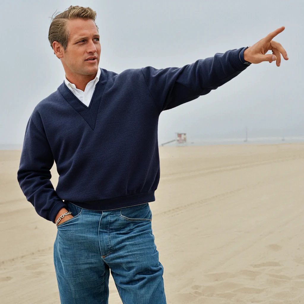 alecttrona's tweet photo. Bit of Paul Newman style inspo. White denim, loafers, v-necks. Complete with piercing blue eyes and a killer tan https://t.co/oE2uWoKuYZ