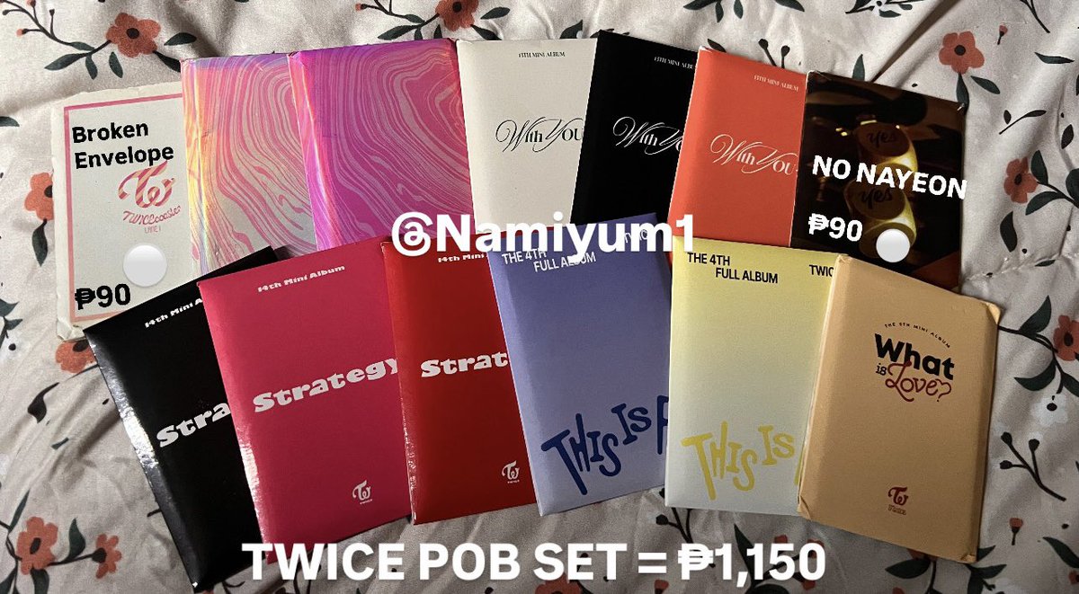 Namiyum1's tweet photo. 🛒 WTS/LFB: Twice Pob Sets ( 🇵🇭 ) !

- Strictly Sold as whole
- Some have dents on their envelope
- MOP: GCash or BPI
- MOD: Direct JnT
- The price is negotiable 
❔rfs: Saving up for a camera :))

Reply/Dm to mine. 
Dm me for more infos ! https://t.co/7INisZtWDZ