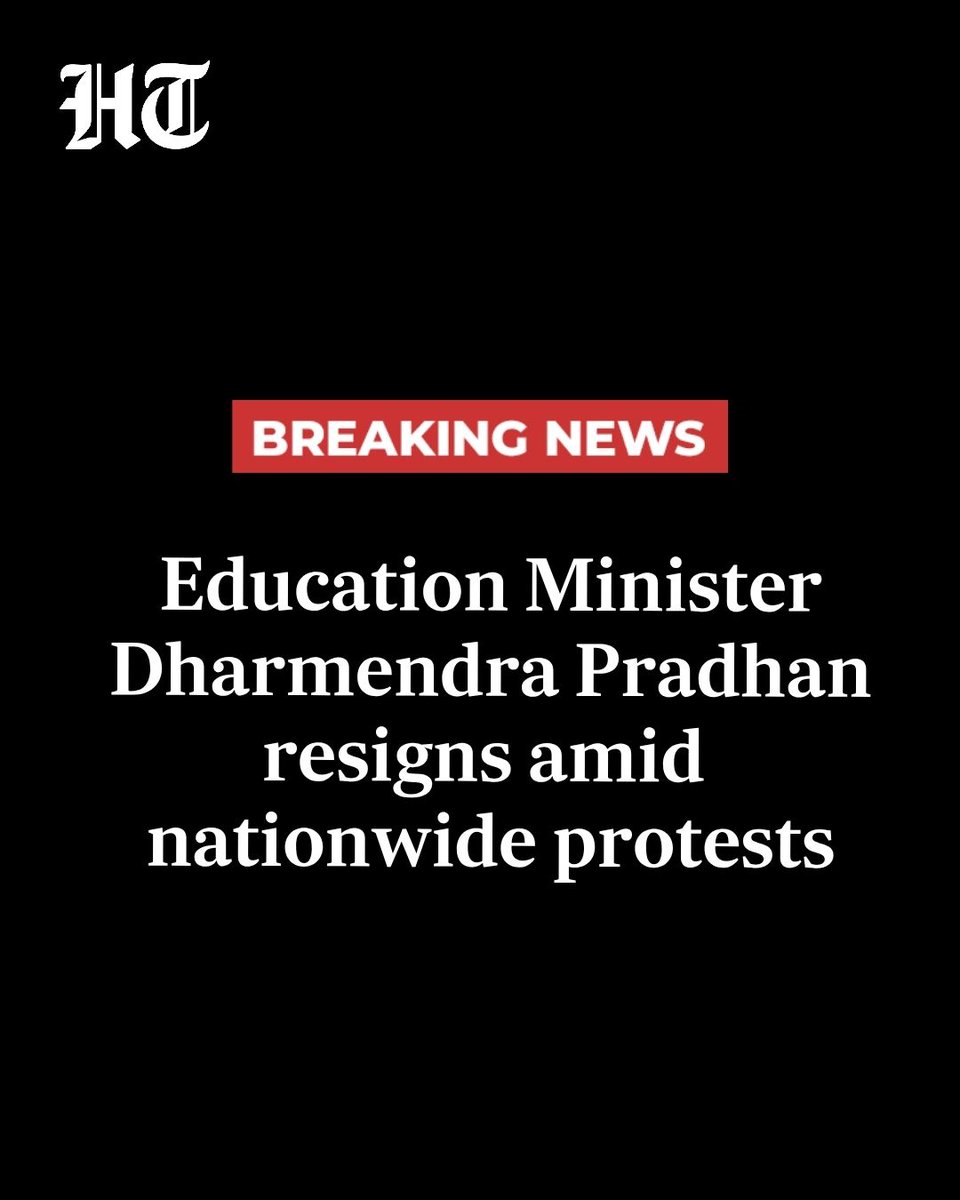 htTweets's tweet photo. #BREAKING | Union Education Minister Dharmendra Pradhan resigned on Saturday, bowing to mounting pressure after weeks of nationwide protests over the alleged NEET paper leak. His resignation comes after sustained demonstrations led by the Cockroach Janta Party (CJP), student organisations and opposition parties, which had made his removal from the Union Cabinet the central demand of the agitation.  

More details: https://t.co/zFMAmLBRgQ