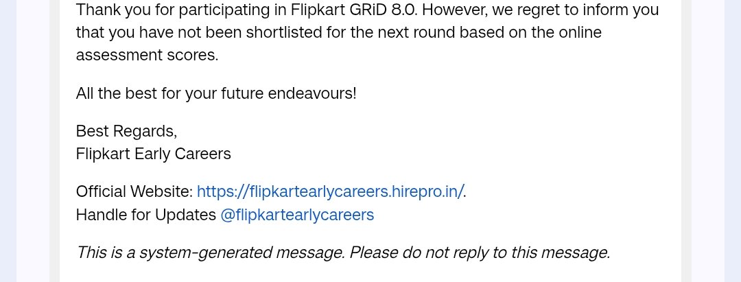 skarsh24's tweet photo. One More Rejection😹😹💔

Flipkart Grid 8.0 ;) https://t.co/jsHgJjaTX8